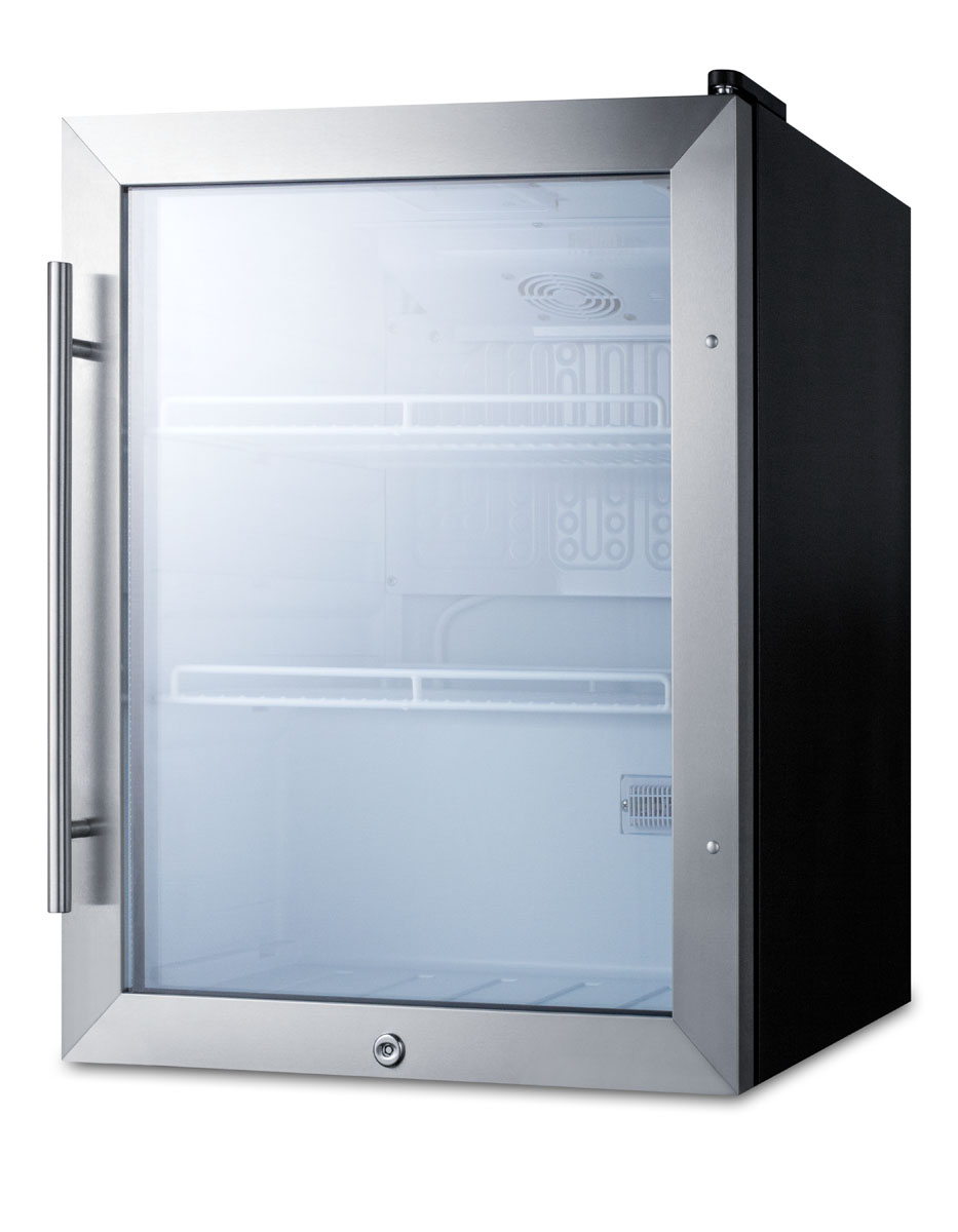 Commercially approved outdoor countertop beverage cooler designed for the display and refrigeration of beverages or sealed food, with reversible stainless steel trimmed glass door, black cabinet, and front lock